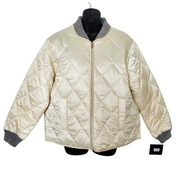 NWT Quilted Bomber Jacket Cream Satin Coat Size L Marc New York Street Style - Picture 2 of 13